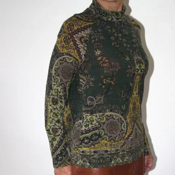 ETRO Italy Knit Wool Blend Pleated Back Top Paisley Turtleneck India Print 46 EU